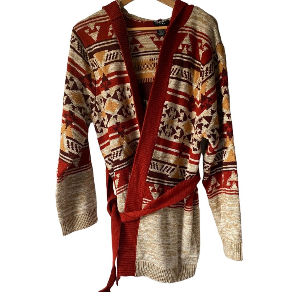 Wrangler Retro women M red cardigan Southwest Arrey Aztec open front hooded